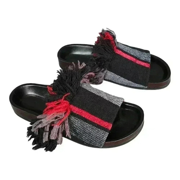 Chloe Slide Sandal Kerenn Kilim Black Gray Red 5 Leather Striped Fringe 35 - Picture 4 of 10